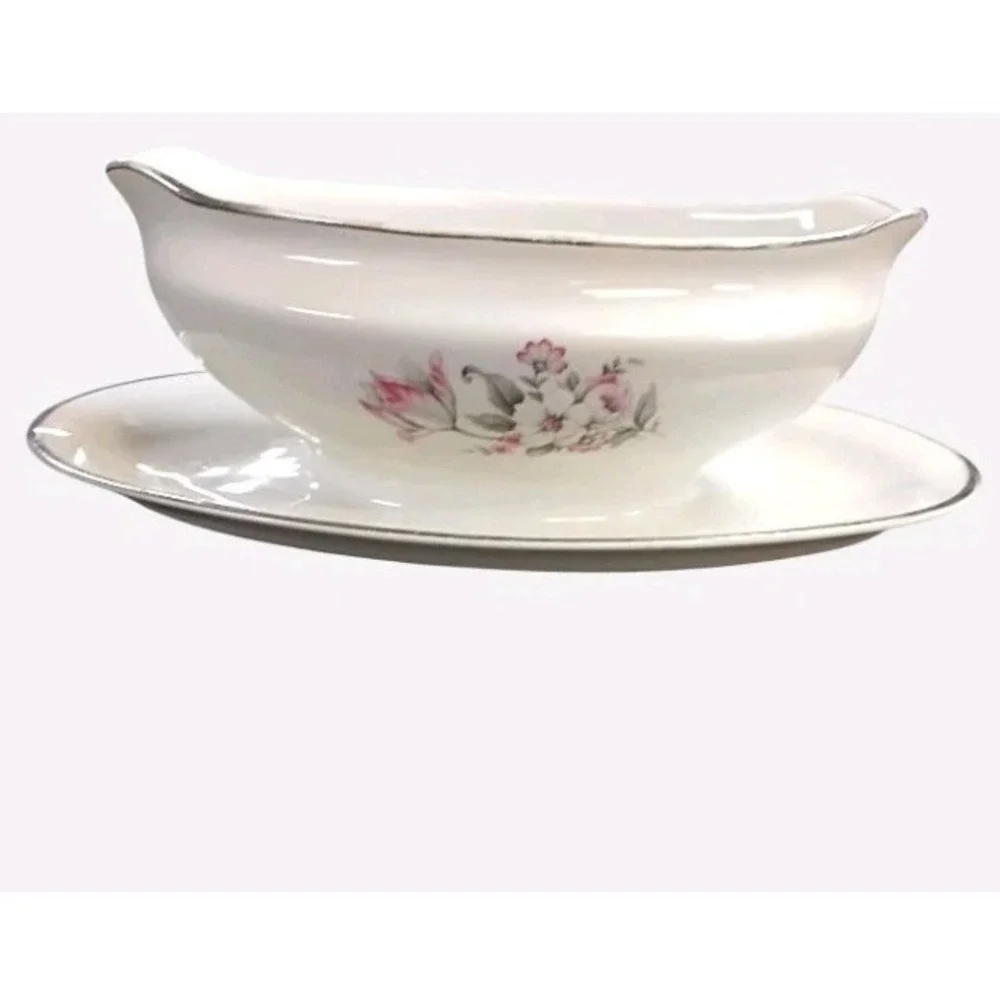 Royal Embassy‎ Vintage Vitrified Gravy Bowl With Pink And Gray Floral Pattern